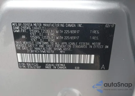 2017 Toyota Rav4 Xle z USA, uszkodzony, nr VIN 2T3RFREV1HW616019